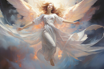 Among the celestial clouds, an angelic figure with wings of illuminated cumulus navigates the cosmic skies, leaving trails of soft clouds in their wake as.