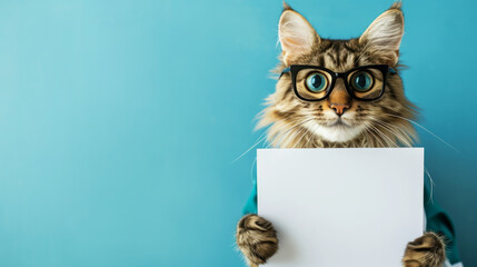 Fluffy cat dressed as a vet doctor with glasses, holding a blank sign mock-up with space for text on blue background, template for veterinary clinic ads and pet health awareness messages.