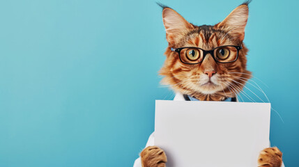 Funny cat dressed as a vet doctor with glasses, hold a blank sign mock-up with copy space for text on blue background, template for veterinary clinic advertisements or social media messages.