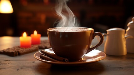 A rich, velvety cup of hot unsweetened chocolate with steam rising, set on a cozy wooden table.
