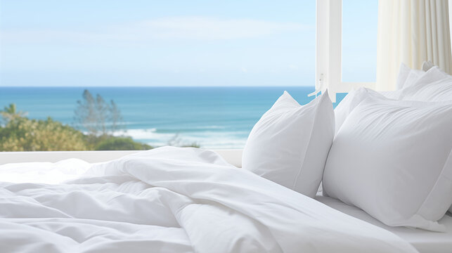 Chambre &agrave; coucher, gros plan sur un lit devant une fen&ecirc;tre. Vue d'un paysage de plage, mer, oc&eacute;an, ensoleill&eacute;. Calme, d&eacute;tente. Oreiller, literie, couverture. Pour conception et cr&eacute;ation graphique.