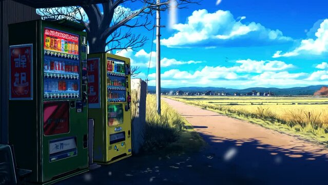 Beautiful anime view, traditional vending machines in the countryside, seamless video