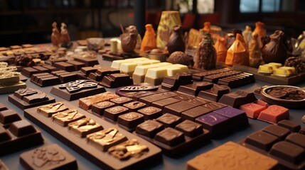 A sensorial experience of a chocolate tasting session in Quito, Ecuador, with a variety of chocolates displayed in all their glory.
