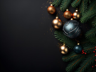 Obraz na płótnie Canvas christmas decoration with fir tree branches and balls in black background