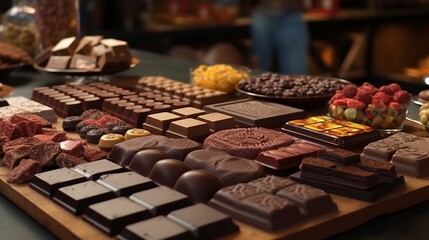 A sensorial experience of a chocolate tasting session in Quito, Ecuador, with a variety of chocolates displayed in all their glory. - obrazy, fototapety, plakaty