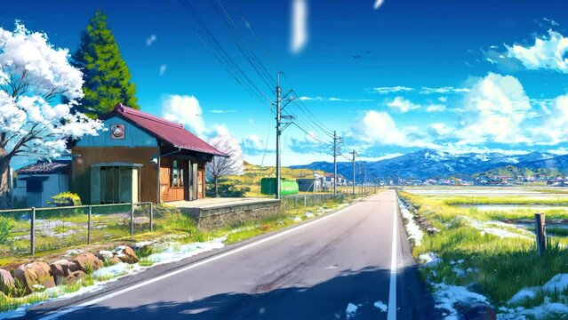 Natural bus stop in the countryside, beautiful anime landscape seamless video