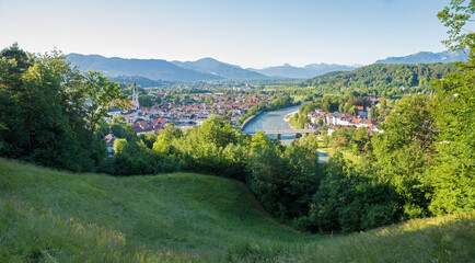 view from calvary hill to tourist resort Bad Tolz and bavarian alps