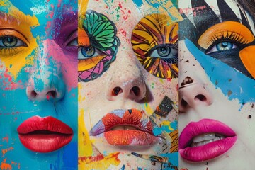 Collage of three portraits of a woman with cheerful makeup