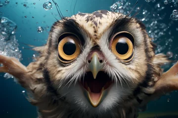 Zelfklevend Fotobehang Surprised owl underwater view. Owl snorkeling. © serperm73