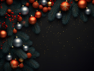 Obraz na płótnie Canvas christmas decoration with fir tree branches and balls in black background
