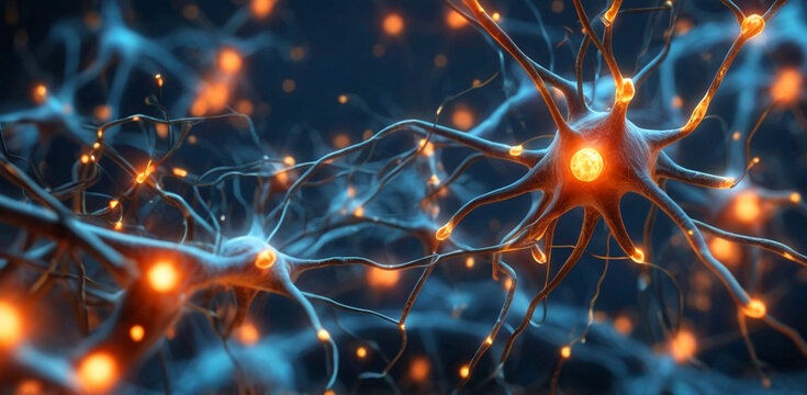 Neurons with orange glowing points, representing neural activity, with a dark glow blue background