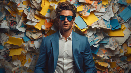 Man in suit, sunglasses, surrounded by colorful background shapes and confetti. Dapper, confident and festive individual exuding style, vibrancy and celebration in a dynamic visual display. - obrazy, fototapety, plakaty