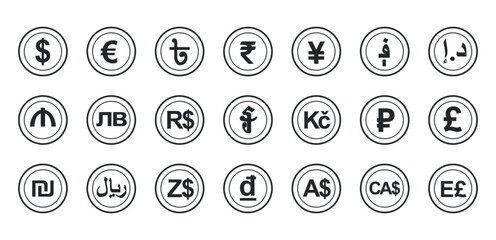 Set of money currencies of different countries of the world. Outline exchange icon vector illustration.