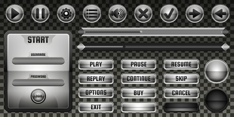 Game Menu Interface Buttons and Panels GUI Elements Set with Metallic Silver Theme for Game UI Designs