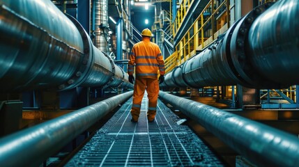 Photo of man inspecting long steel  in oil station factory for check and record during pipe and pipe elbow refinery valve pipeline oil and gas industry - obrazy, fototapety, plakaty