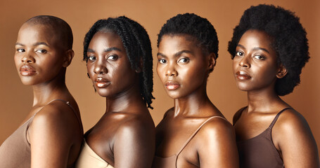 Beauty, face or black women with skincare, glowing skin or afro isolated on brown background....