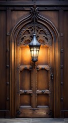 Glowing Lantern by Ornate Wooden Door