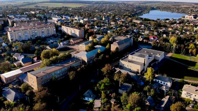 Aerial view. Ukrainian city. Korsun-Shevchenkivskyi. Flight over the residential buildings of the town. Cherkasy Oblast. Ukraine