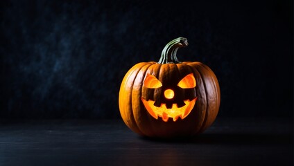 Spooky Jack O Lantern pumpkins on an orange background. Halloween theme banner or card.