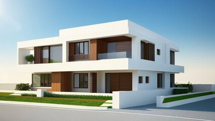 Fototapeta na wymiar Cozy 3D rendering of a small house with a white picket fence. Concept for real estate or property.