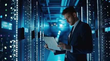 Businessman standing in server room checking tablet computer