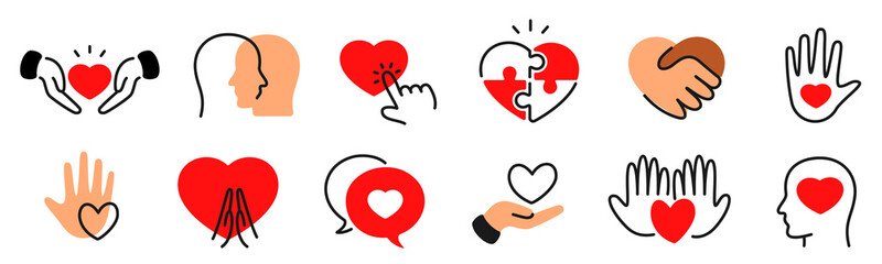 Charity handdrawn icon set. Friendship, love, care, donate, heart, aid etc. Editable stroke