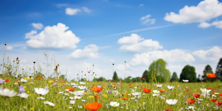 Blossoming Meadow: A Serene Summer Landscape with Vibrant Wildflowers and Blue Sky