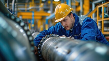 Photo of a man inspecting long steel in oil station factory for check and record during pipe and pipe elbow refinery valve pipeline oil and gas industry