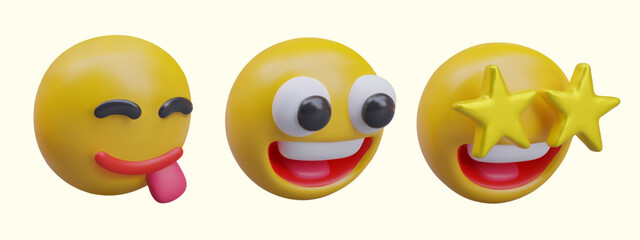 Set of emoticons with positive reactions. Delight, pleasant shock. Vector 3D models, side view. Funny heads are looking at something. Templates for advertising