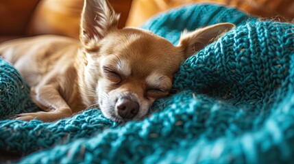Adorable chihuahua puppy napping on knitted blanket - obrazy, fototapety, plakaty