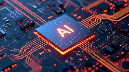 Computer microchip CPU on motherboard circuitry with "AI" text on it for Artificial Intelligence and Machine Learning purposes
