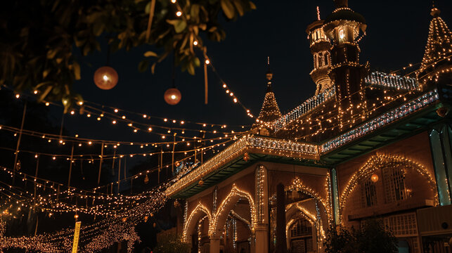 a mosque illuminated with lights and lanterns during the evening of Eid Mubarak