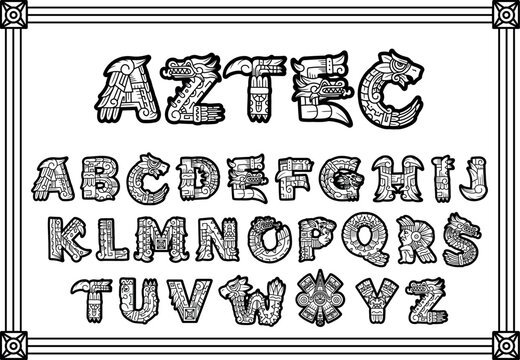 Alphabet in Aztec, Mayan or Inca style. With Native American symbols with the faces of a warrior, a conqueror, a leopard skull