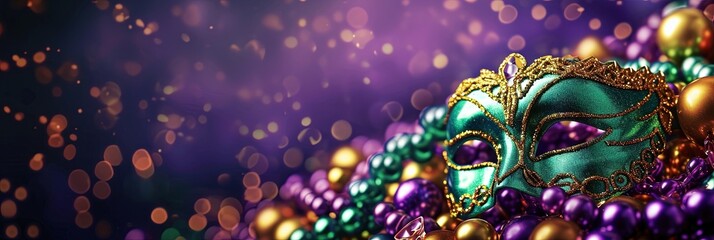 Mardi Gras Mask and beads in purple, green, and gold. Banner for holiday celebration