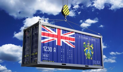 Freight shipping container with national flag of Pitcairn Islands hanging on crane hook - 3D illustration - obrazy, fototapety, plakaty