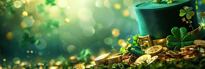 Leprechaun hat on a pile of gold coins. St Patrick's Day Irish holiday banner - obrazy, fototapety, plakaty