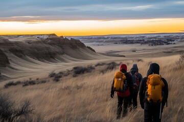 Adventurous friends hiking in lush forest, scouting perfect campsite in natures playground.