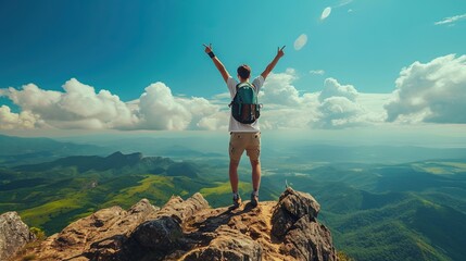 Hiker standing at the top of the mountain celebrating with arms up, facing away from camera