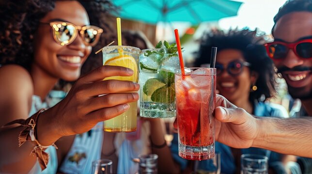 Friends and coworkers enjoying happy hour after work with drinks