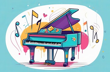 watercolor illustration of blue piano with musical notes