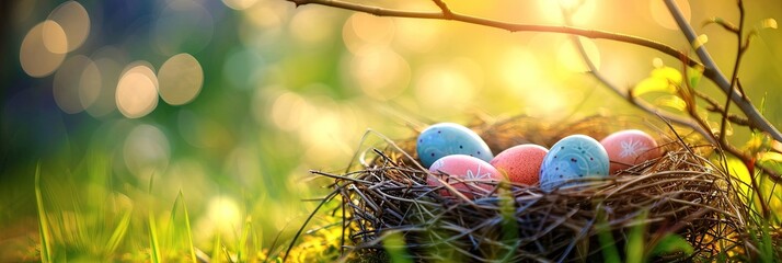 easter eggs decorated and colorful outdoors in a nest for a basket