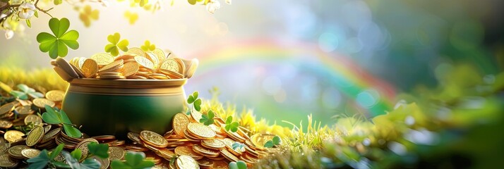 Pot of gold coins on green background for st patrick's day - obrazy, fototapety, plakaty
