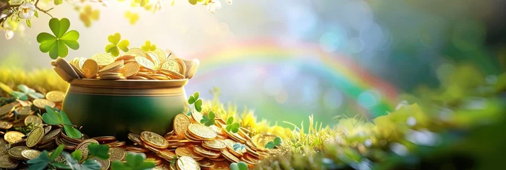 Foto op Plexiglas Pot of gold coins on green background for st patrick's day © Brian