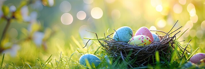 easter eggs decorated and colorful outdoors in a nest for a basket - obrazy, fototapety, plakaty