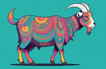 Goat with patterns, colored lines, colored patterns, element for design. goat with ethnic rainbow gradient pattern, symbol. Goat with retro red and yellow ethnic illustration on green background