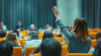 woman raises her hand to ask a question during a conference (academic or business) - obrazy, fototapety, plakaty