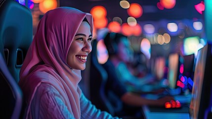 Obraz premium Muslim Arab woman playing video games in an esports cafe
