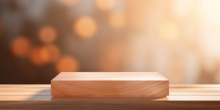 Mockup of empty wooden podium on modern background for displaying designs and products.