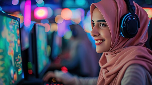 Muslim Arab woman playing video games in an esports cafe