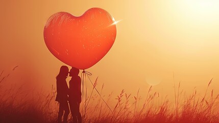 Illustration of silhouette of a couple kissing with a red balloon